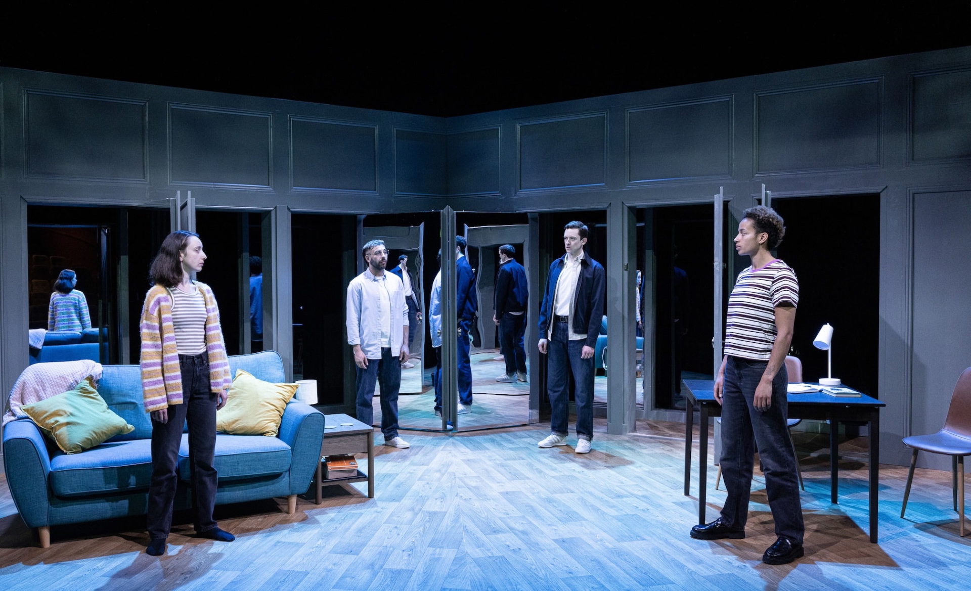 Eavan Gaffney as Charlie, Curtis-Lee Ashqar as Sam, Matthew Malone as Sam, Jeanne Nicole Ní Áinle as Charlie in Fishamble's BREAKING by Amy Kidd, directed by Jim Culleton. World Premiere in Draíocht as part of Dublin Theatre Festival. Details on Fishamble.com. Photo: Anthony Woods